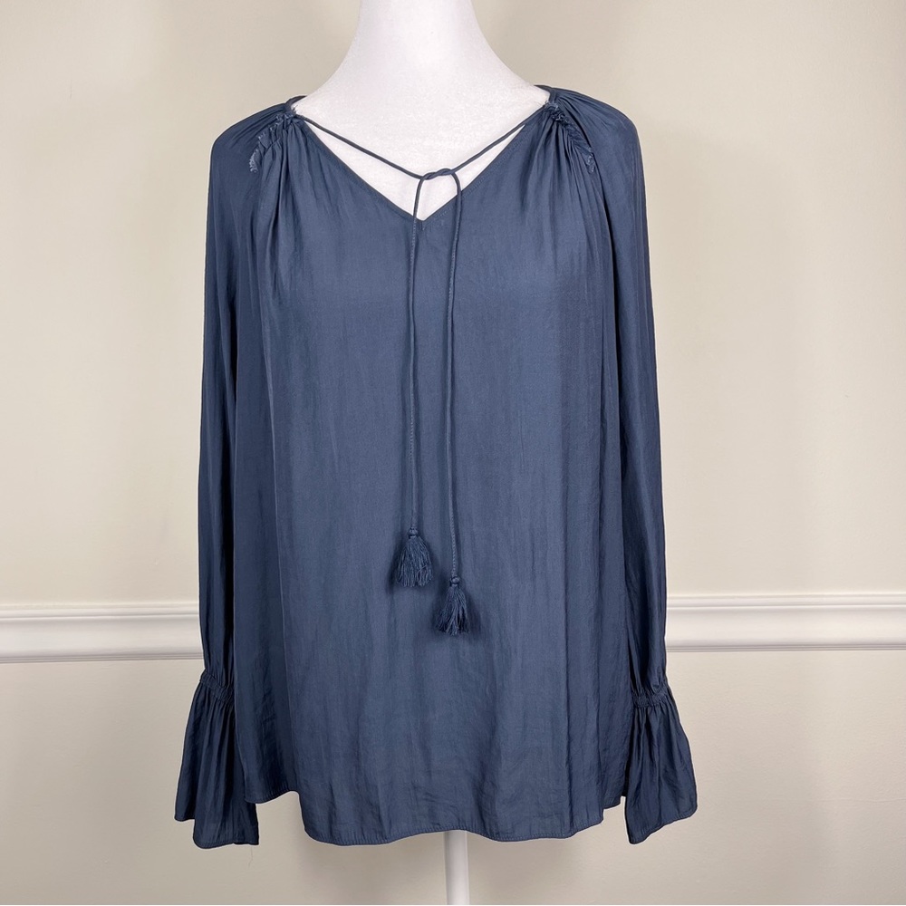 Ramy Brook Blue V Neck Blouse Long sleeves with smocked cuffs‎ Size Small